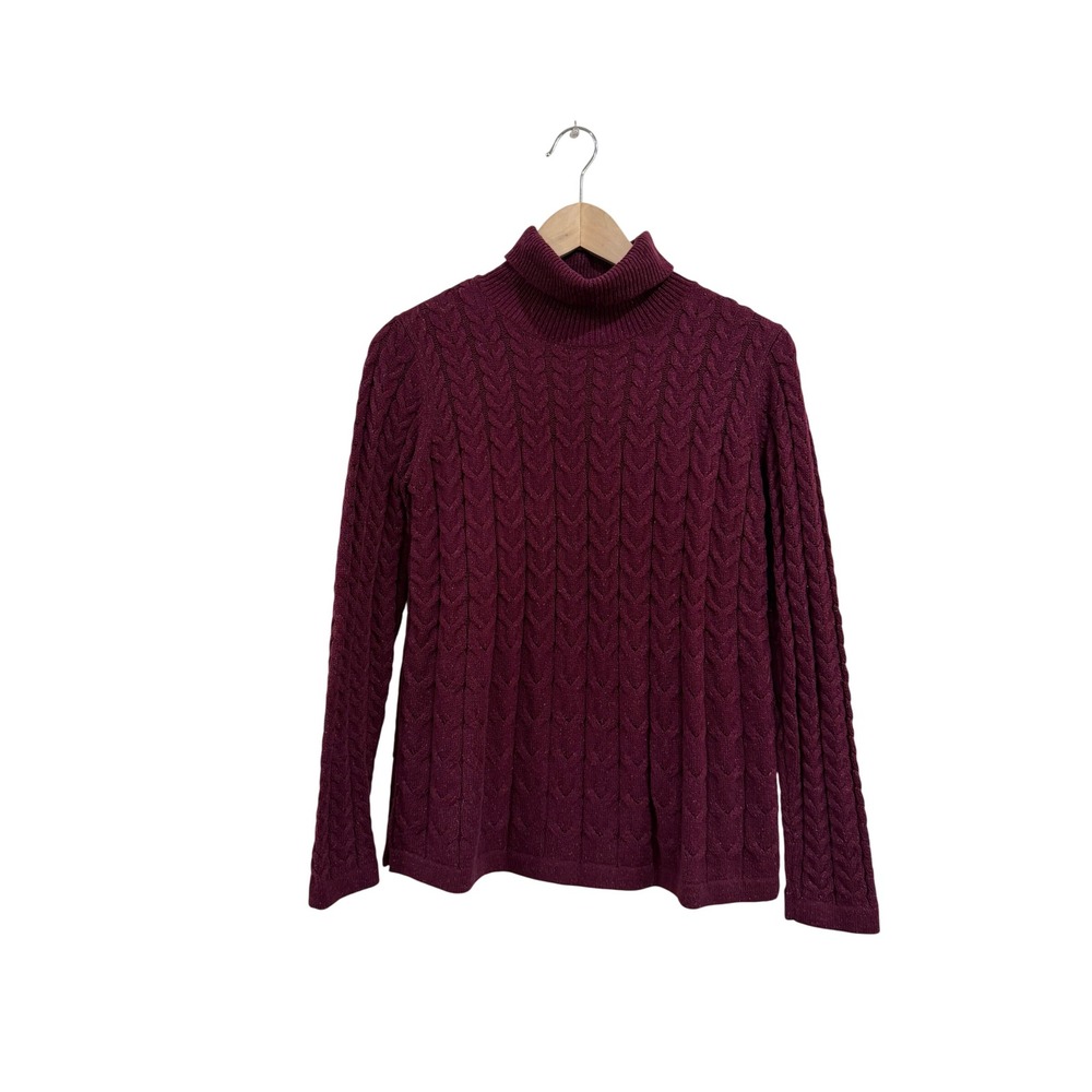 J. Jill Burgundy Cable Knit Turtleneck Sweater Cotton Silk Blend Cozy XS Petite